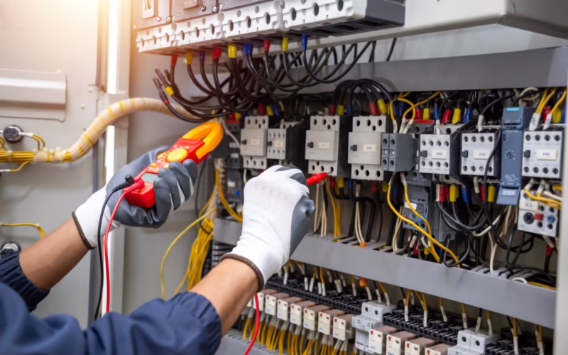 Electricity and electrical maintenance service, Engineer hand holding AC voltmeter checking electric current voltage at circuit breaker terminal and cable .